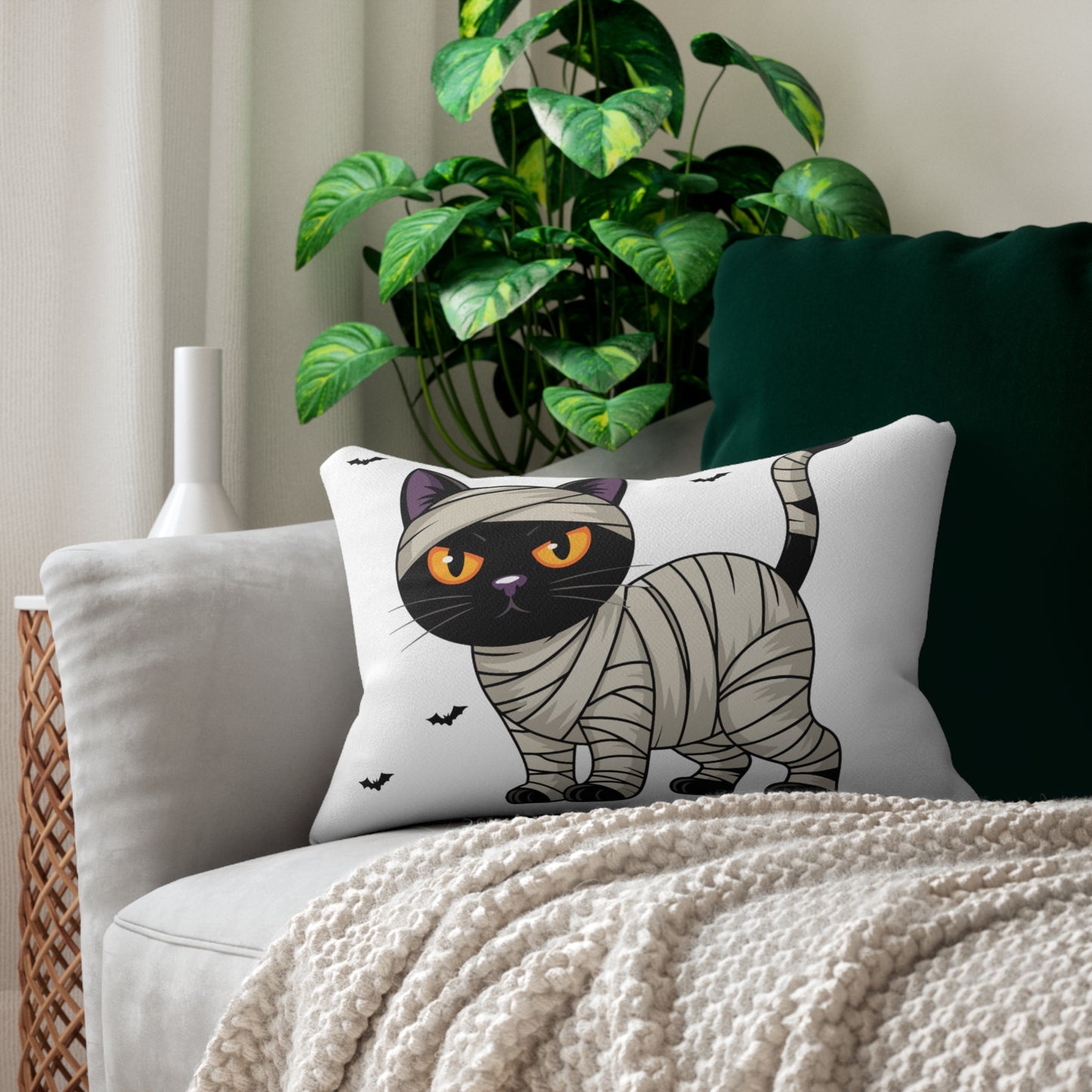 Halloween Cat Lumbar Pillow, Spooky Home Decor, Mummy Cat Cushion, Halloween Gift, Autumn Decor