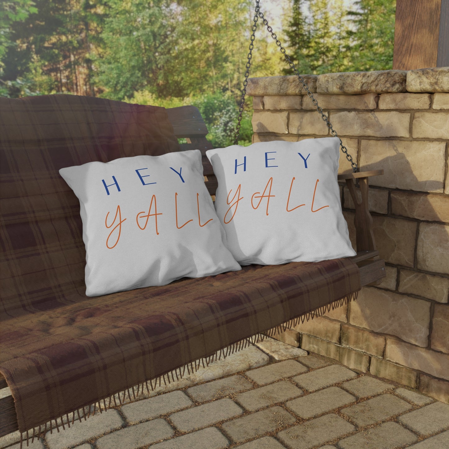 Hey Y'all Outdoor Pillow — Southern Script Accent Pillow for Porch & Patio