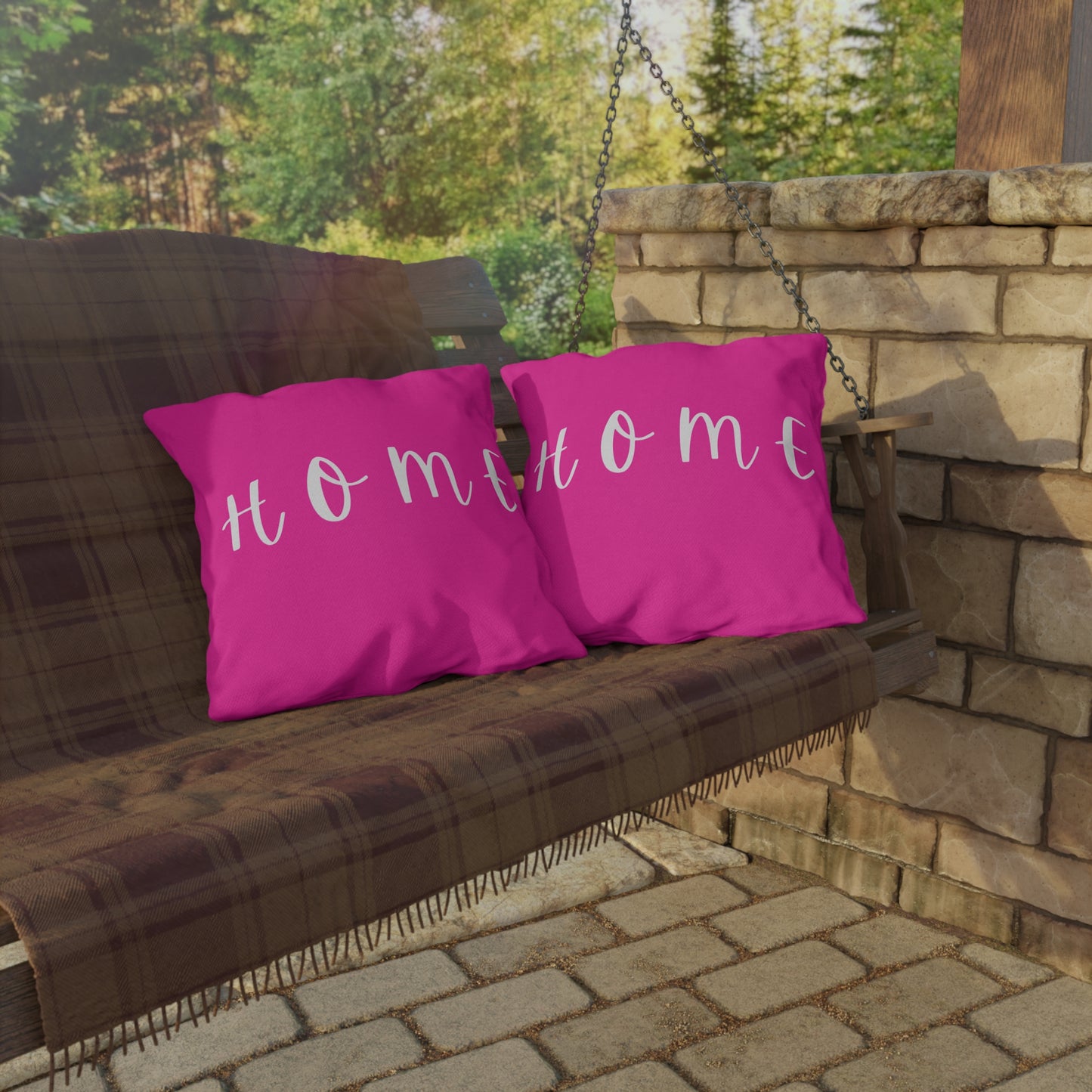 Home Script Outdoor Pillow — Hot Pink Decorative Patio Cushion