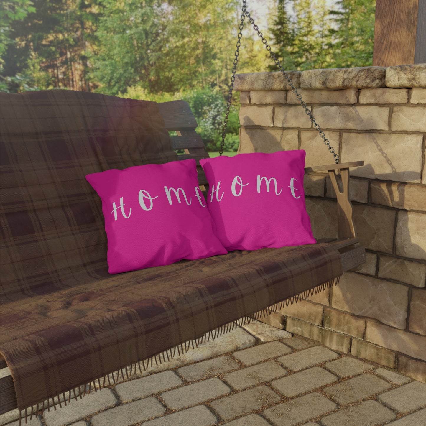 Home Script Outdoor Pillow — Hot Pink Decorative Patio Cushion