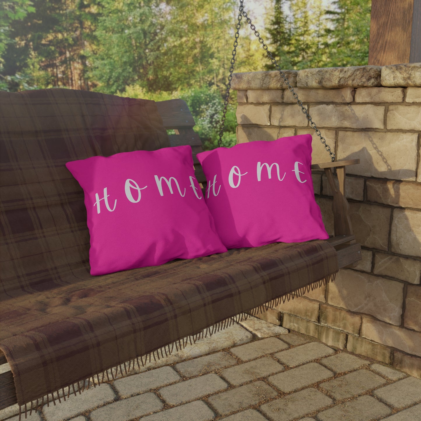 Home Script Outdoor Pillow — Hot Pink Decorative Patio Cushion
