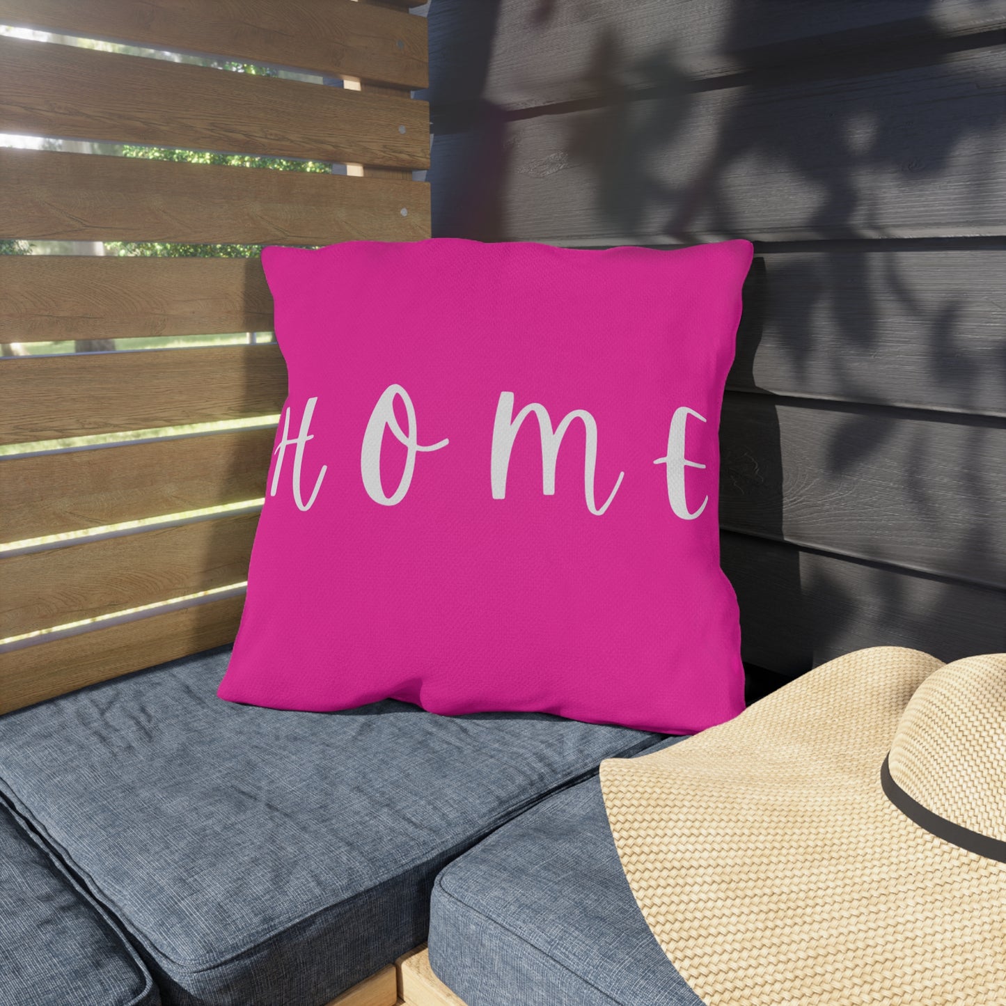 Home Script Outdoor Pillow — Hot Pink Decorative Patio Cushion