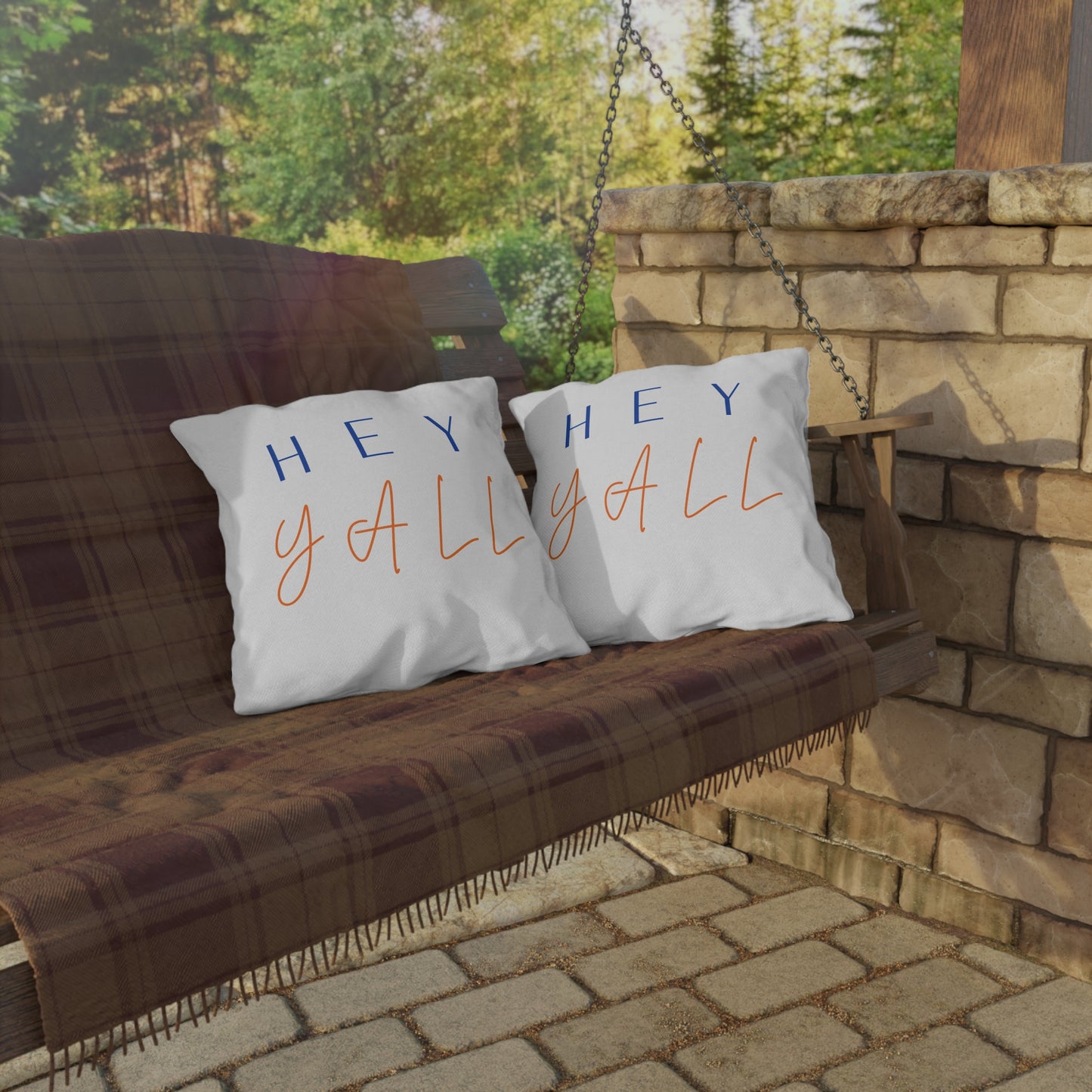 Hey Y'all Outdoor Pillow — Southern Script Accent Pillow for Porch & Patio