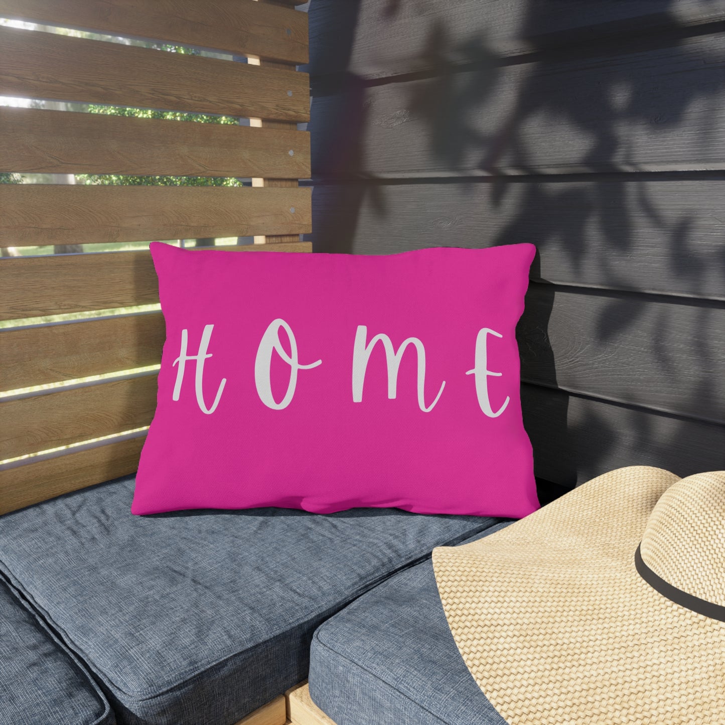 Home Script Outdoor Pillow — Hot Pink Decorative Patio Cushion