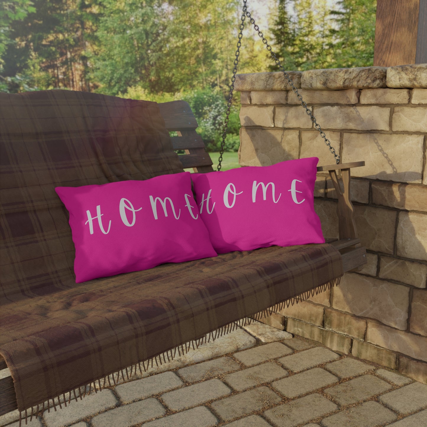 Home Script Outdoor Pillow — Hot Pink Decorative Patio Cushion