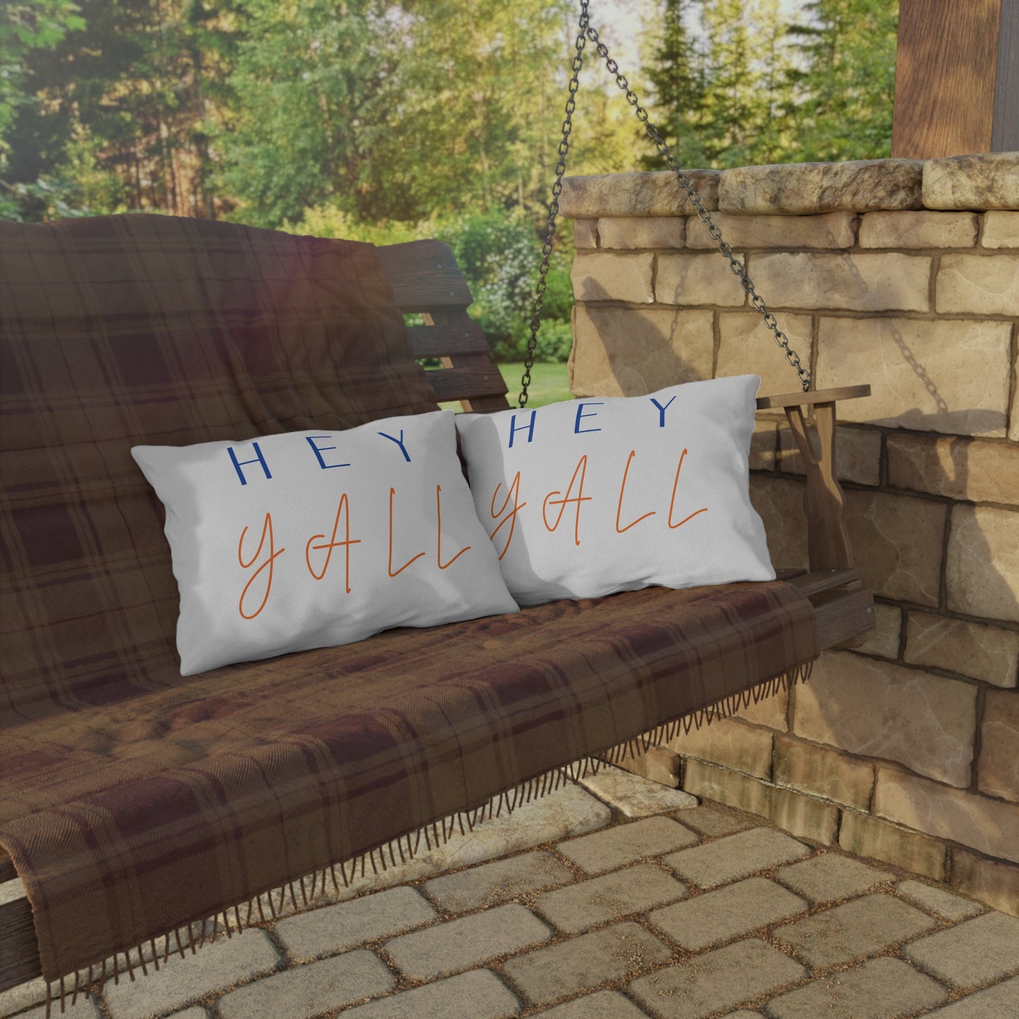 Hey Y'all Outdoor Pillow — Southern Script Accent Pillow for Porch & Patio