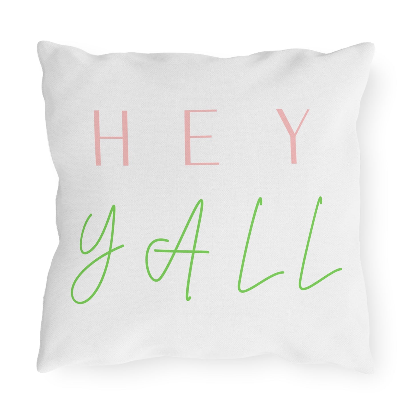 Outdoor Pillow — "HEY Y'ALL" Pastel Script Accent Pillow for Porch & Patio