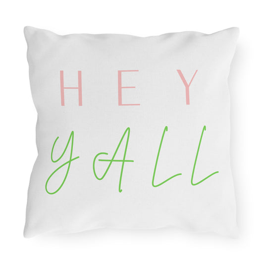 Outdoor Pillow — "HEY Y'ALL" Pastel Script Accent Pillow for Porch & Patio