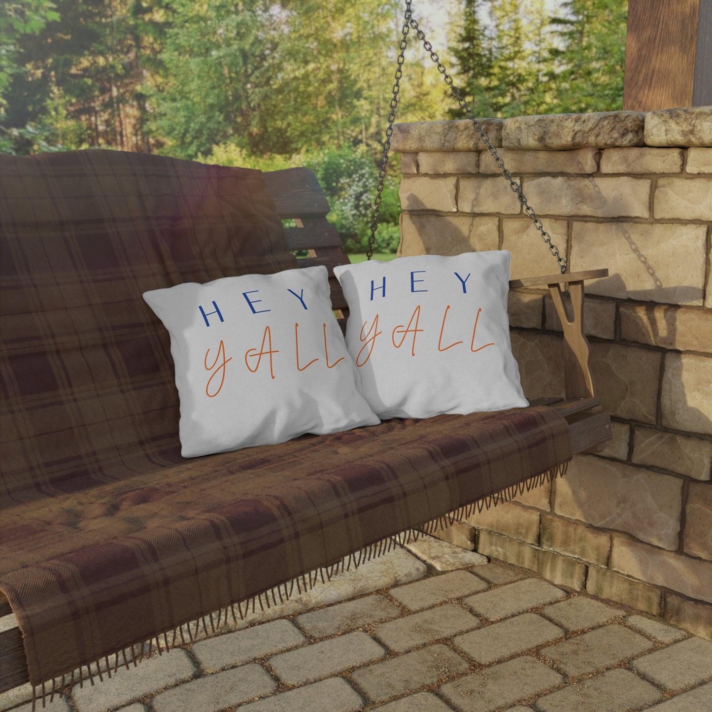 Hey Y'all Outdoor Pillow — Southern Script Accent Pillow for Porch & Patio