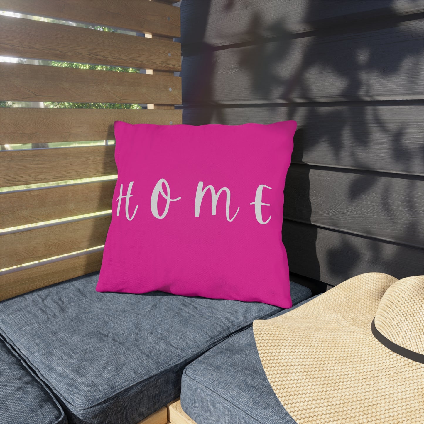 Home Script Outdoor Pillow — Hot Pink Decorative Patio Cushion