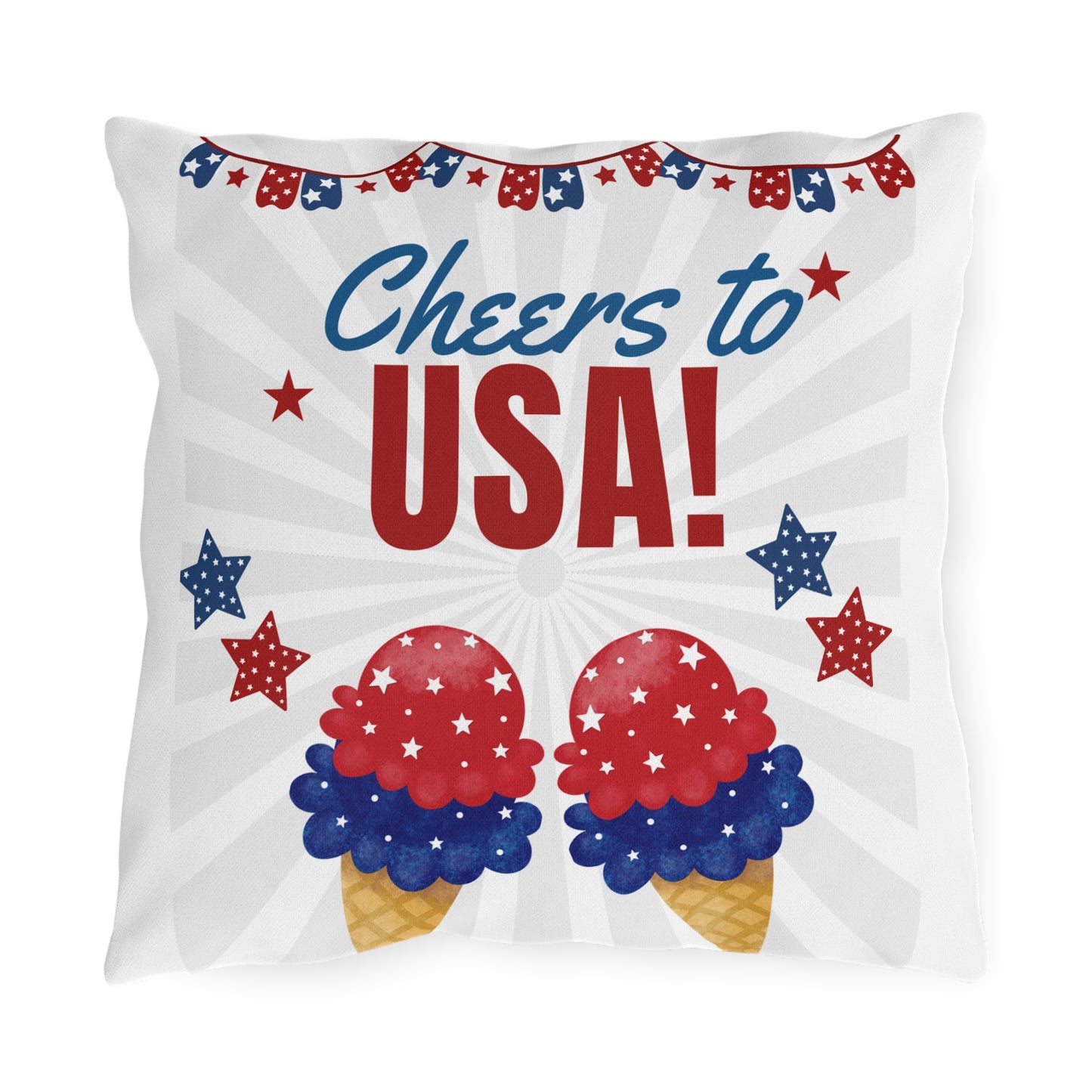 Cheers to USA! Patriotic Outdoor Pillow — 4th of July Red White Blue Decor